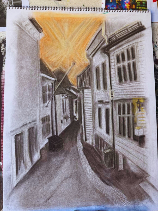 Charcoal drawing titled 'Cityscape'