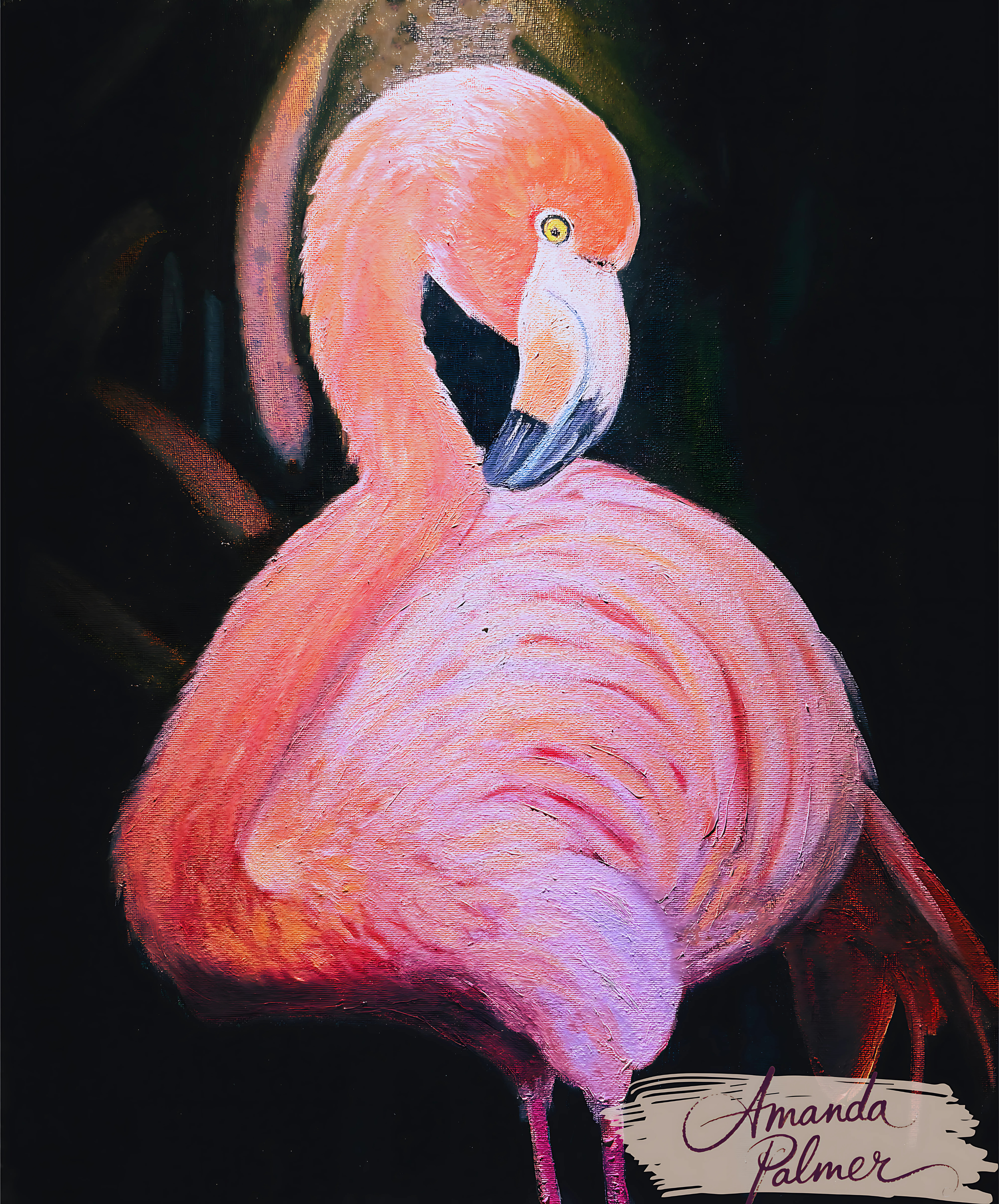 Artist's oil painting titled 'Eternal Balance' — a graceful pink flamingo with elegant neck curve against a dark background