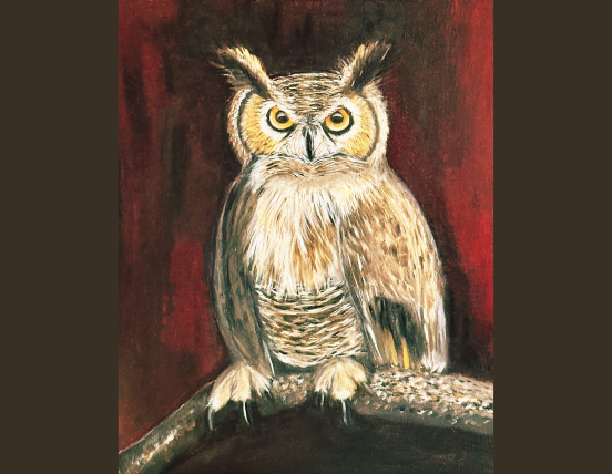 Preview of art gallery featuring owl painting with golden eyes