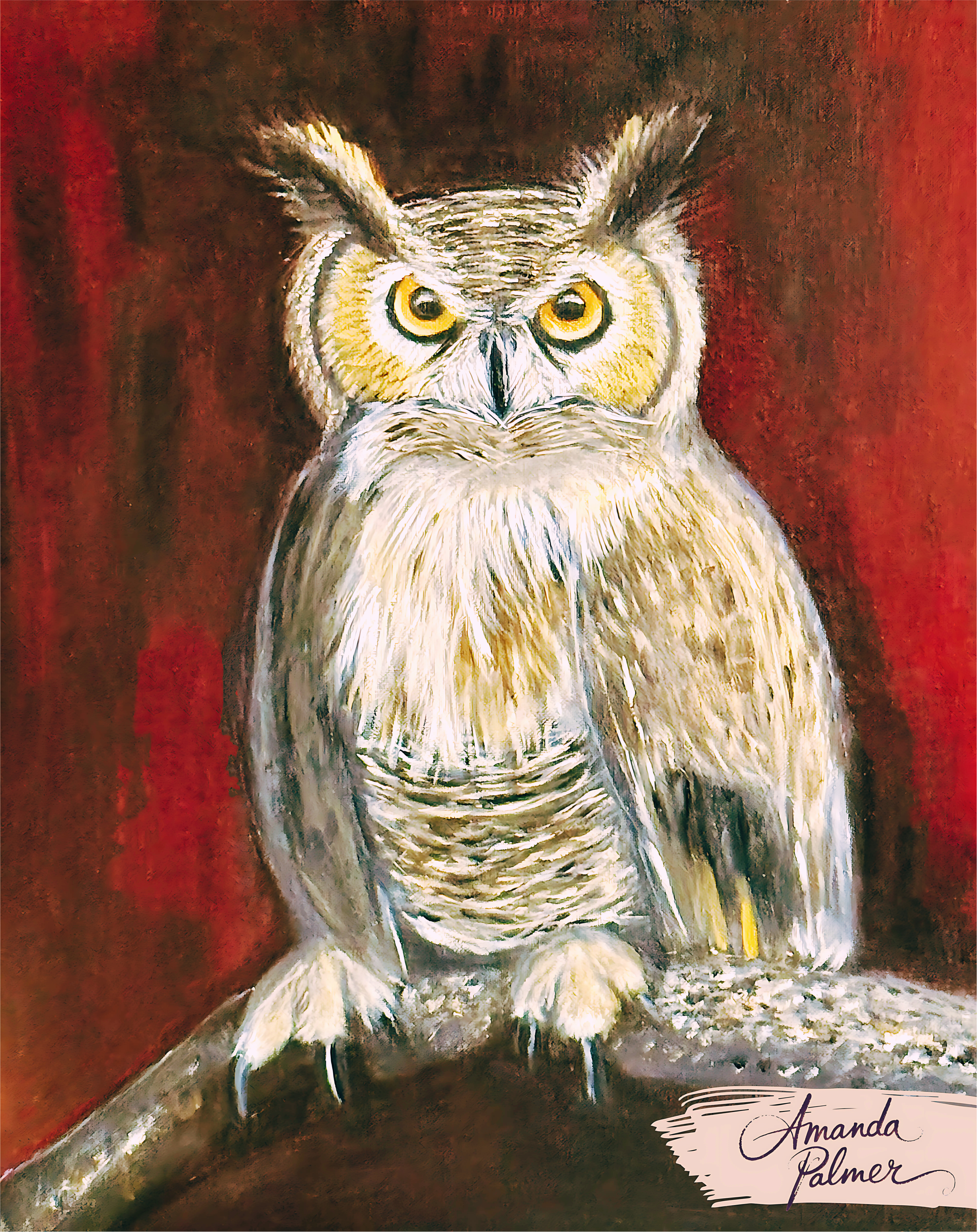Artist's oil painting titled 'The Owl & The Art of Patience' — a fierce, wide-eyed owl with golden eyes against a rich burgundy background