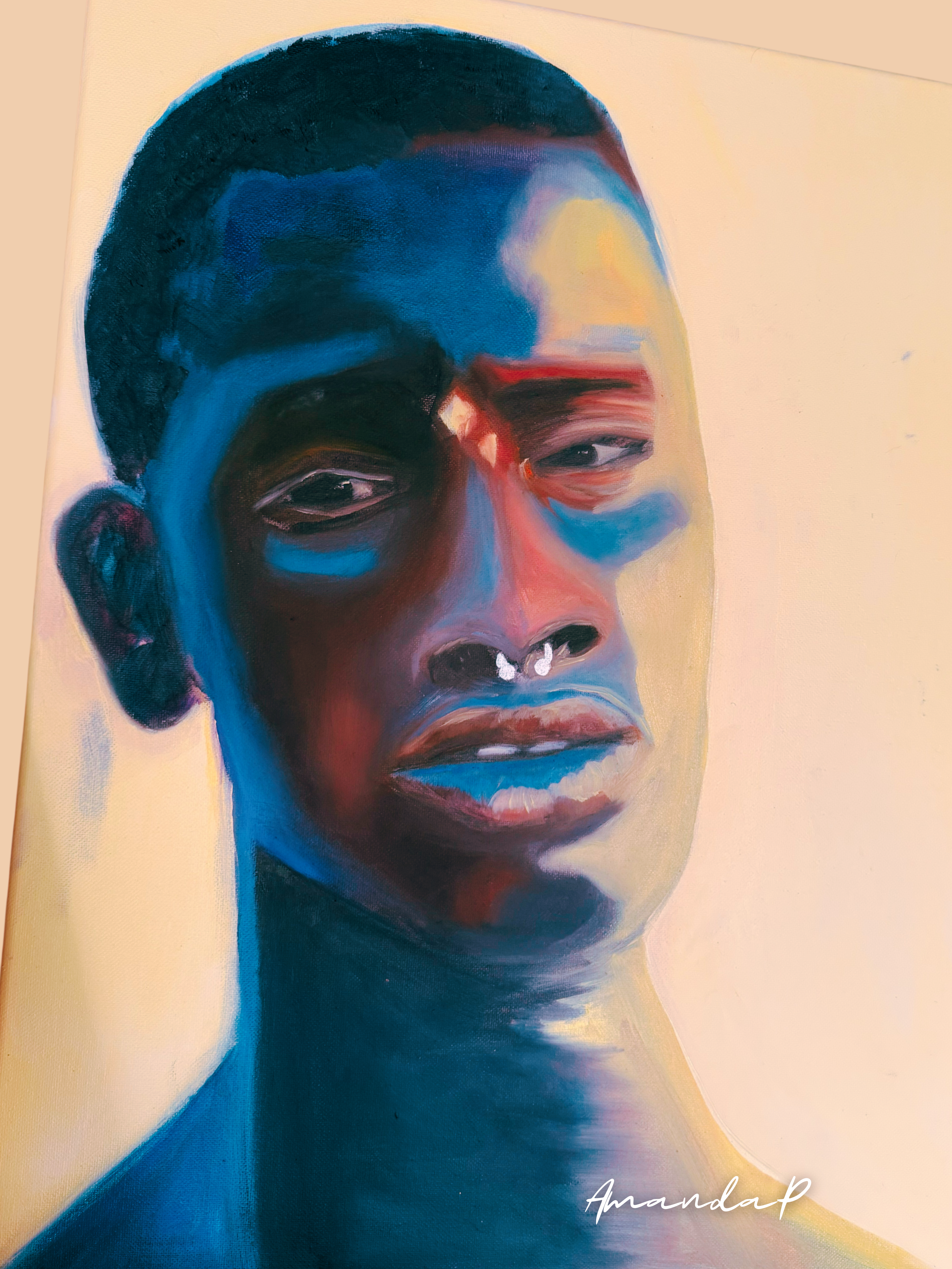 Artist's oil painting titled 'Radiance' — a powerful portrait study in contrasting light and shadow with deep blues and warm highlights