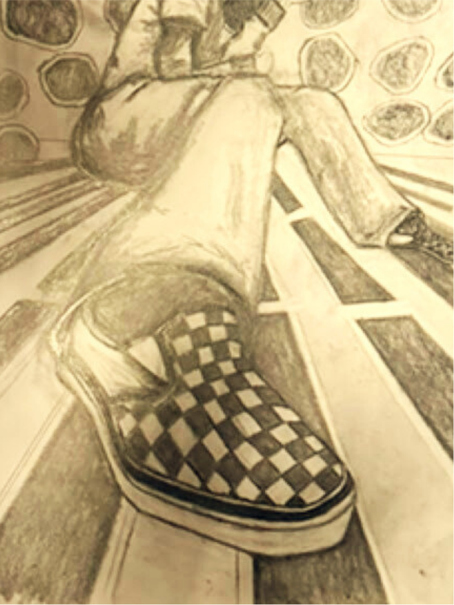 Charcoal drawing titled 'Shoes'