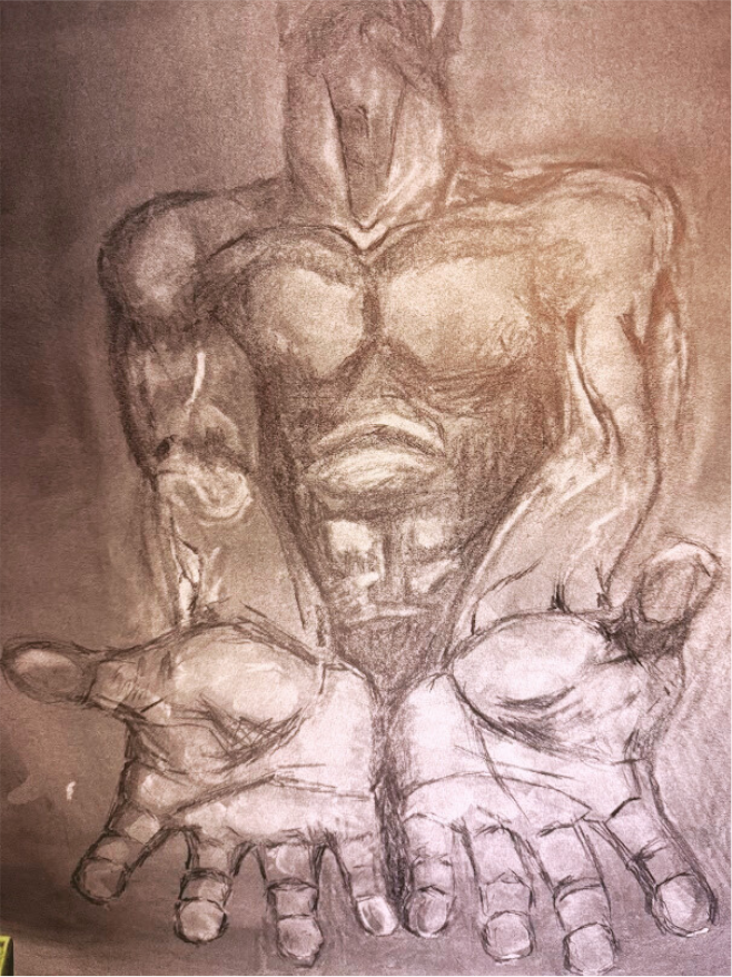 Charcoal drawing titled 'Strongman'